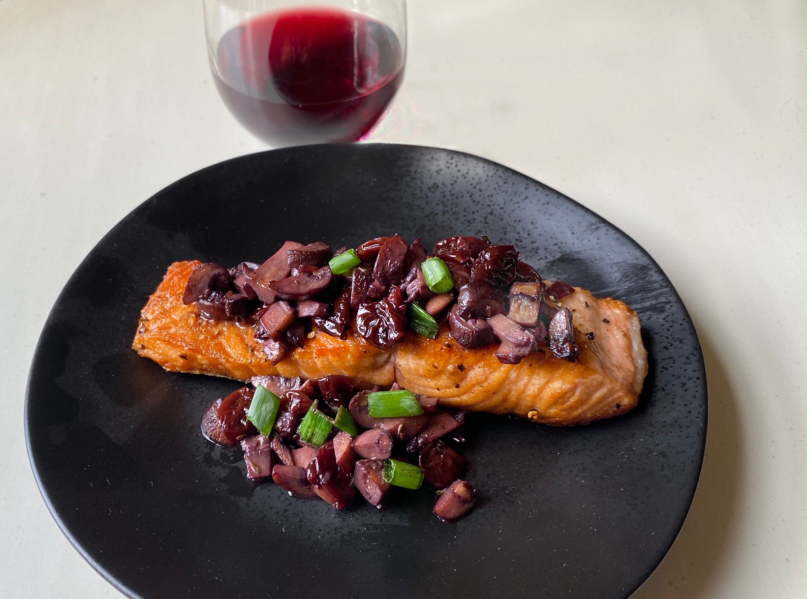 Salmon with Mushroom & Cherry Pinot Noir Sauce